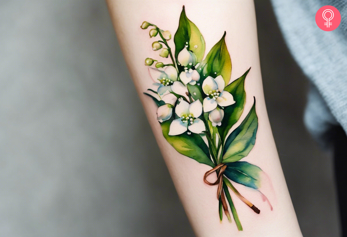 Lily of the Valley and Hawthorn flower bouquet tattoo on the forearm