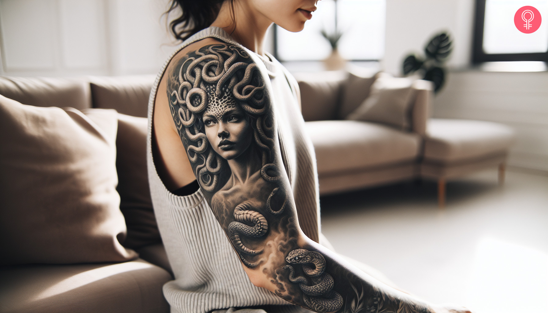 A woman with a full-sleeve Medusa tattoo