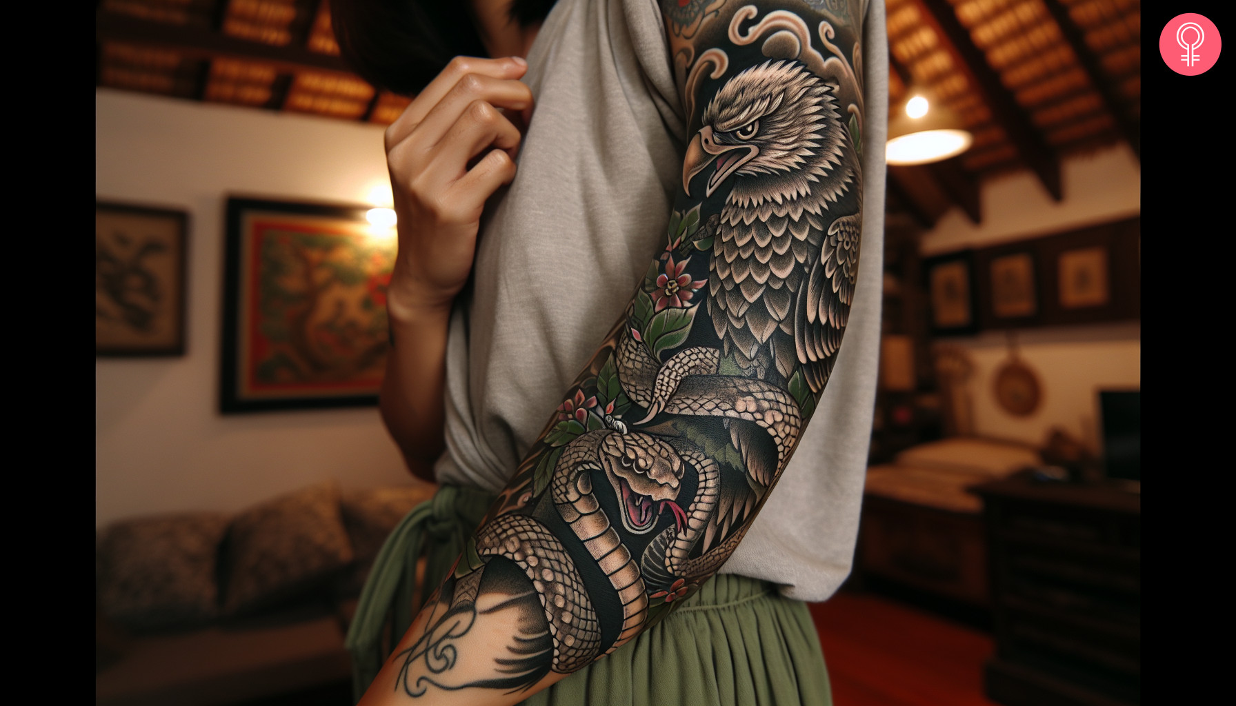 A woman flaunting a Mexican eagle and snake tattoo on her arm