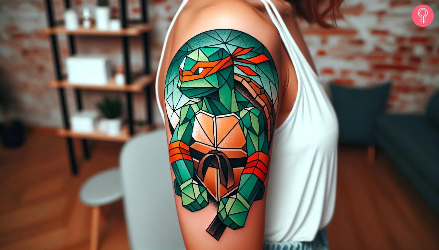 A fun geometric Michaengelo portrait tattoo on the upper arm