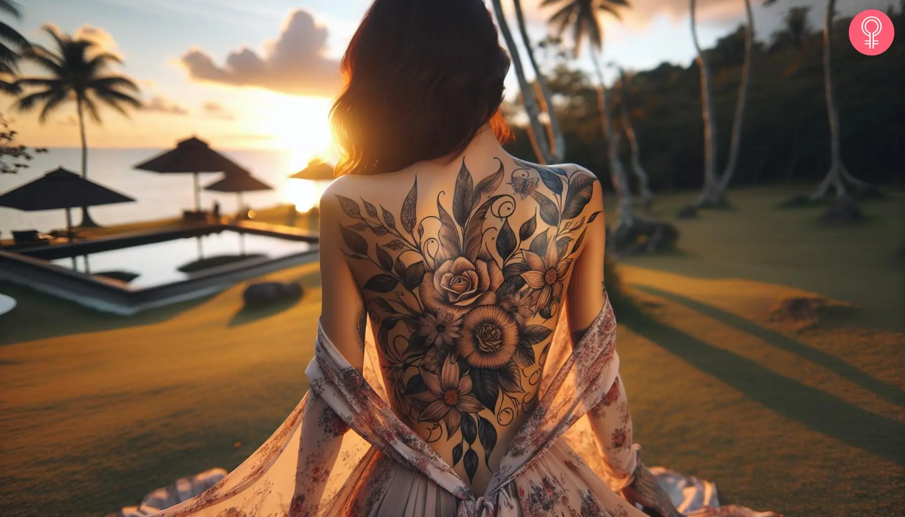 A woman with an upper back tattoo of a bouquet with a rose, gerbera, sunflower, and daisy