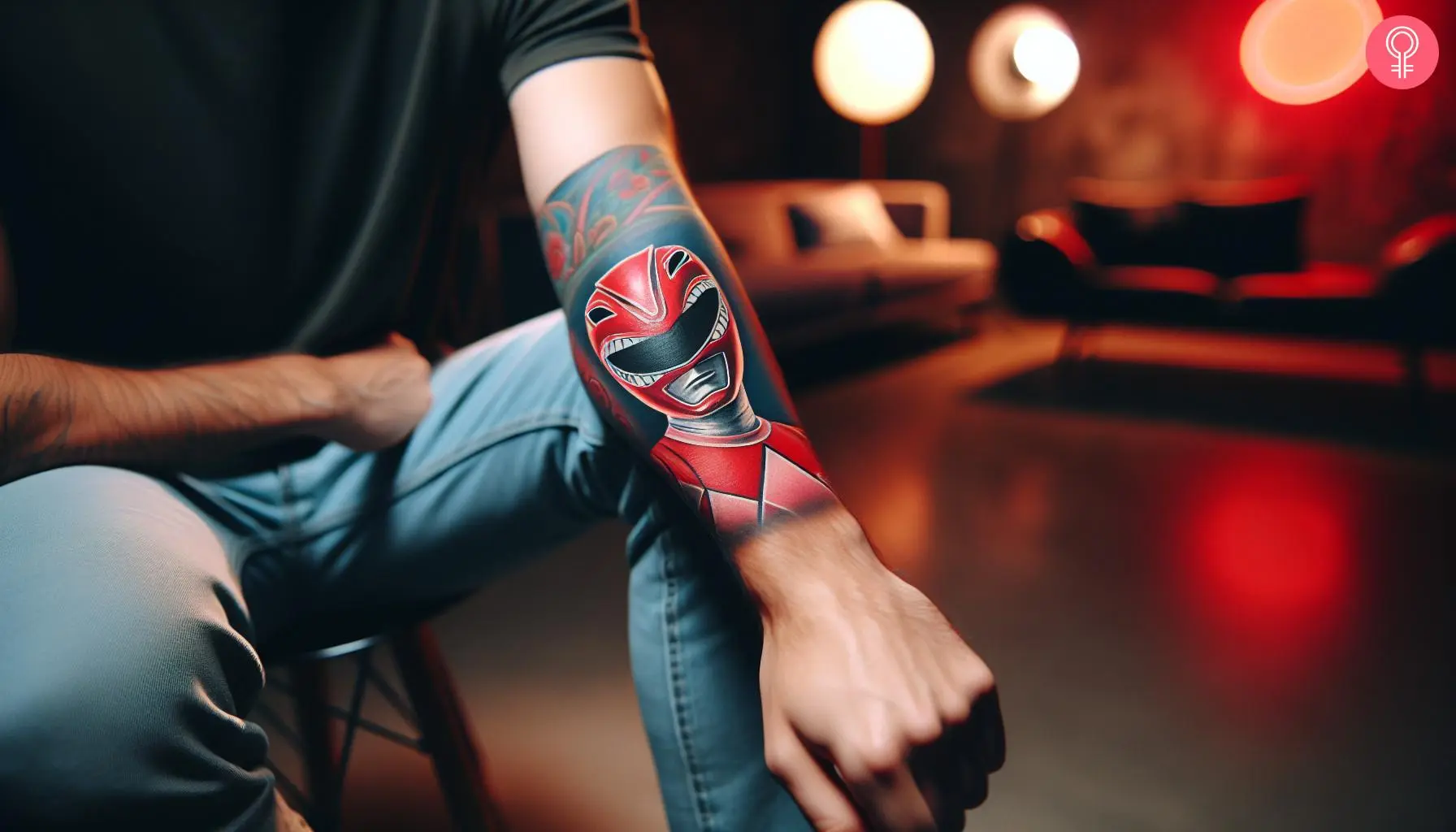 Mighty Morphin Power Ranger tattoo featuring the Red Ranger on the back of the forearm