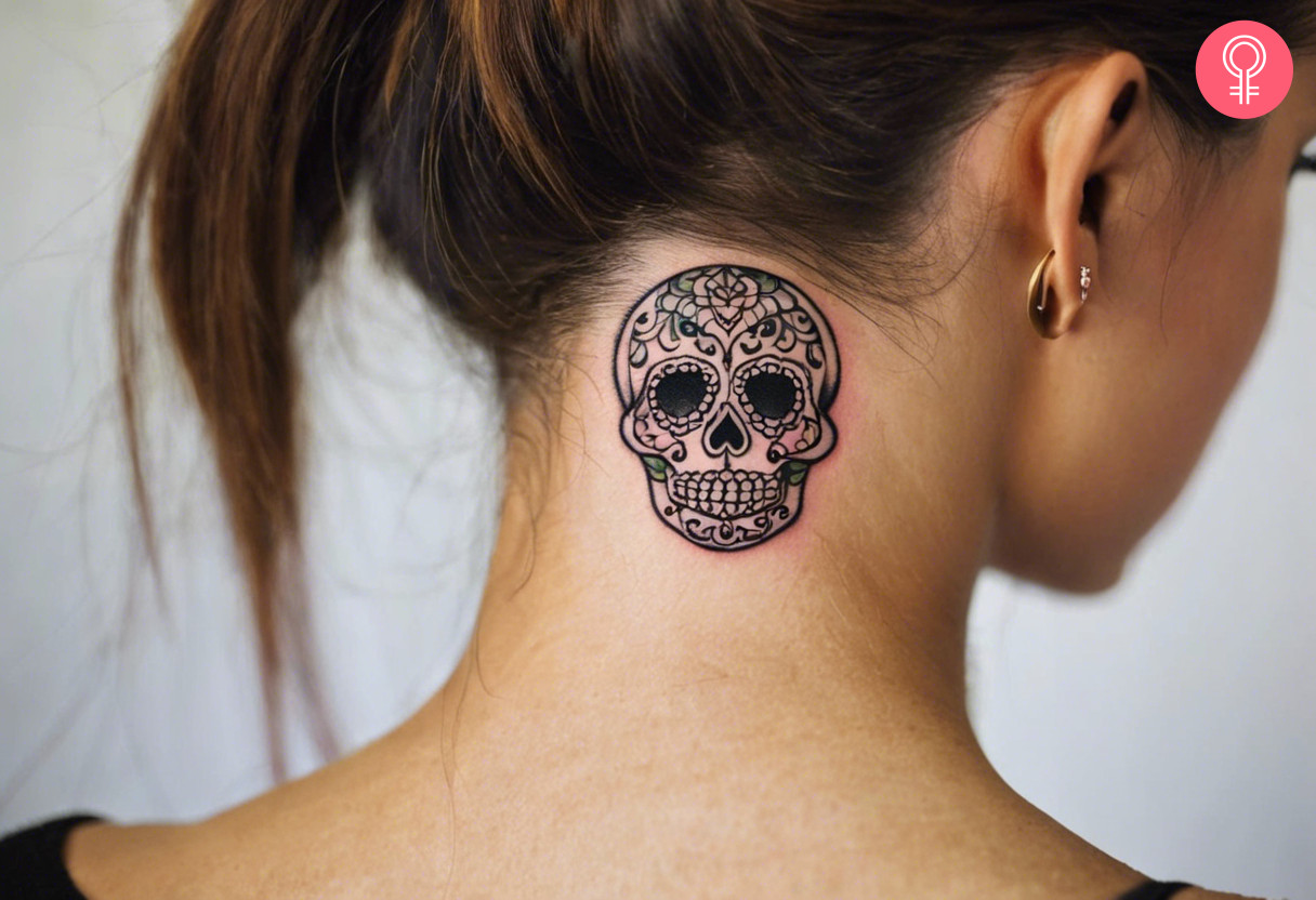 Mini sugar skull tattoo on the back of the neck