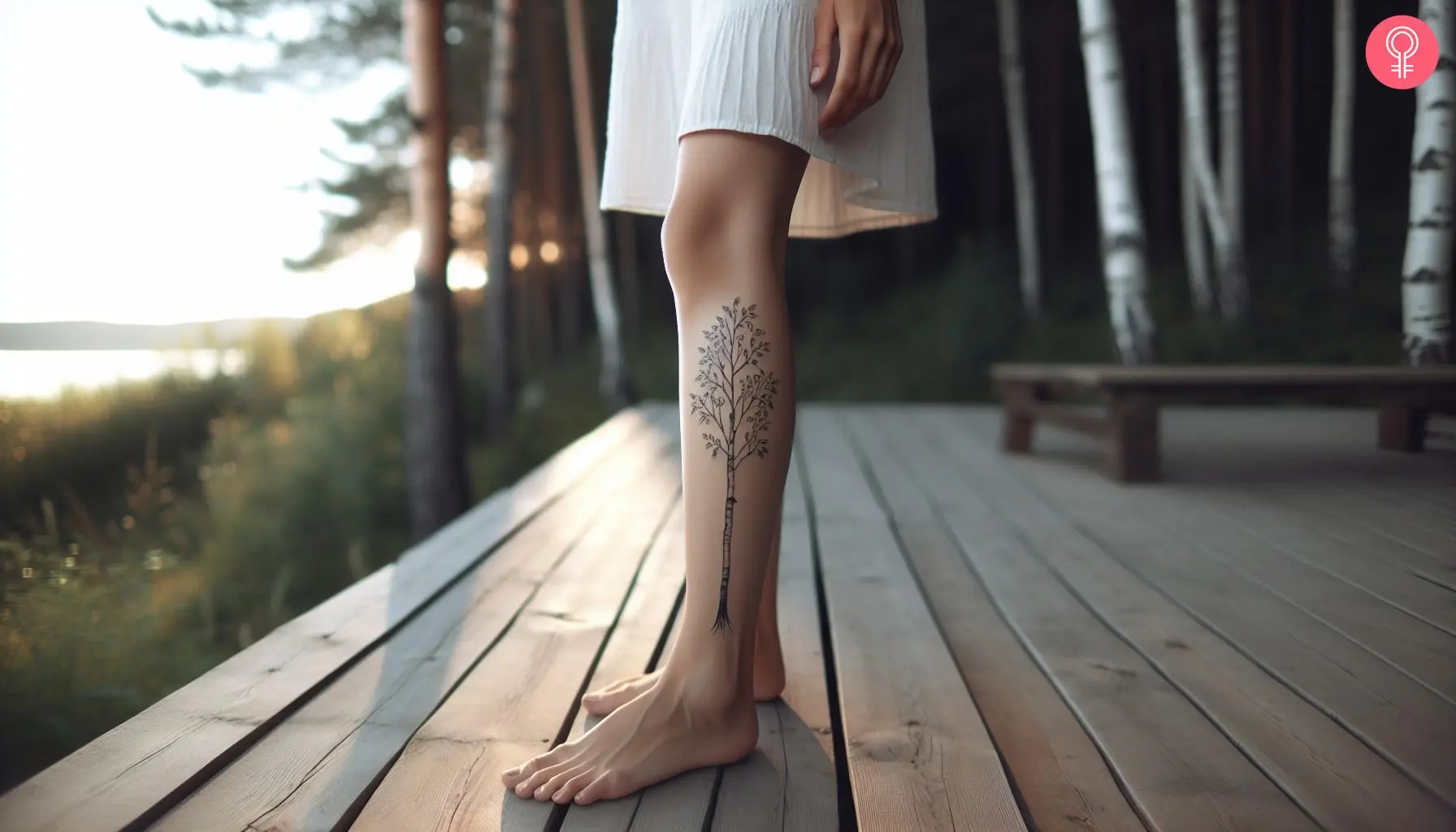 A minimalist birch tree tattoo on the leg with a long trunk and delicate branches