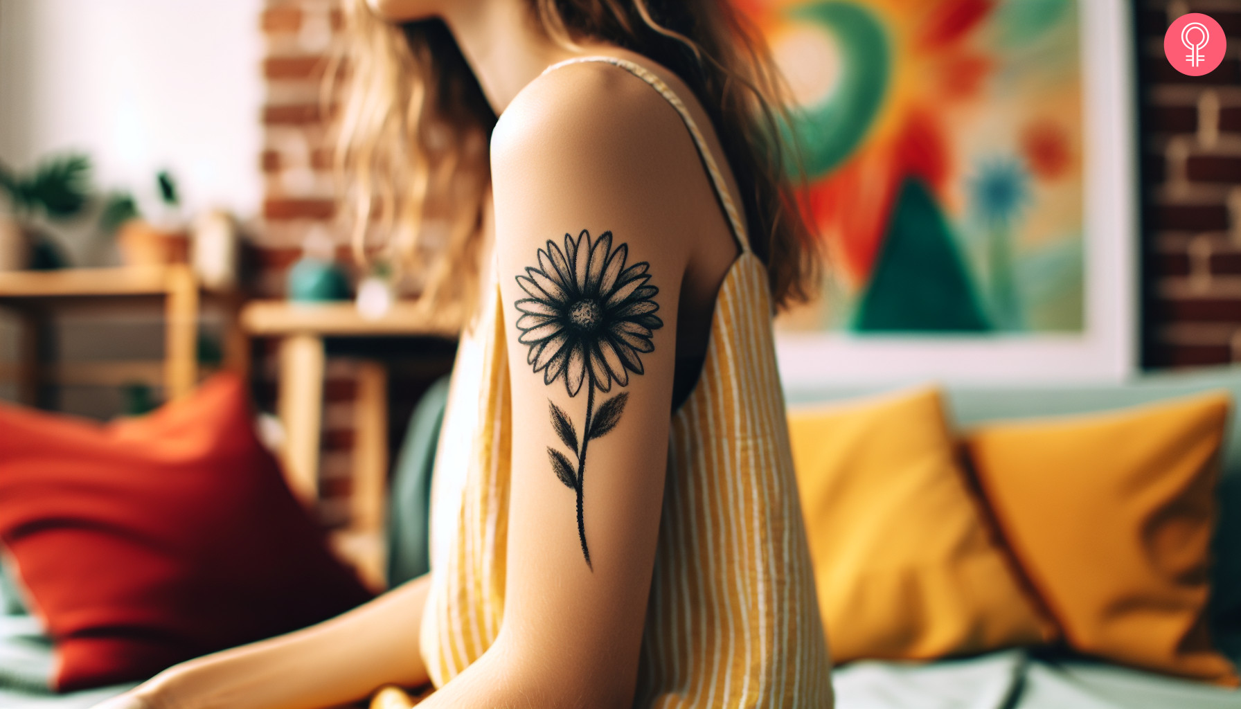 A woman with a minimalist sketch tattoo of a daisy flower