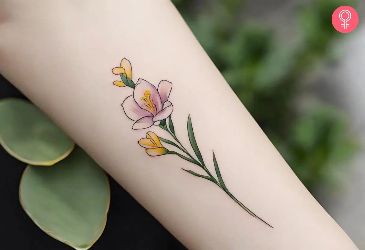 A minimalist pink and yellow freesia tattoo on the forearm