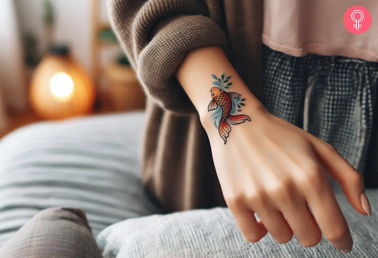 A minimalist goldfish tattoo on a woman’s arm