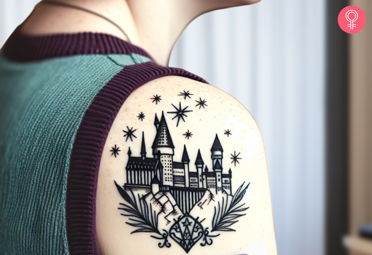 A woman with a minimalist Hogwarts castle tattoo on her shoulder