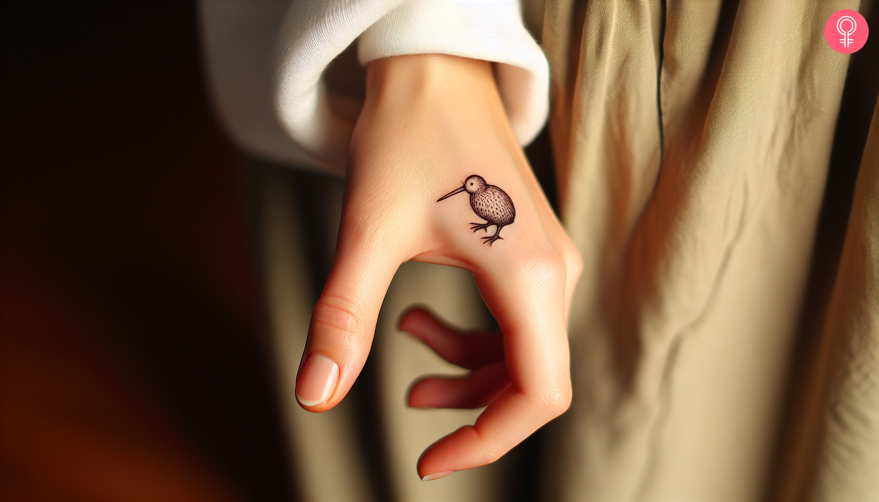 Woman with a minimalist Kiwi bird tattoo on her finger