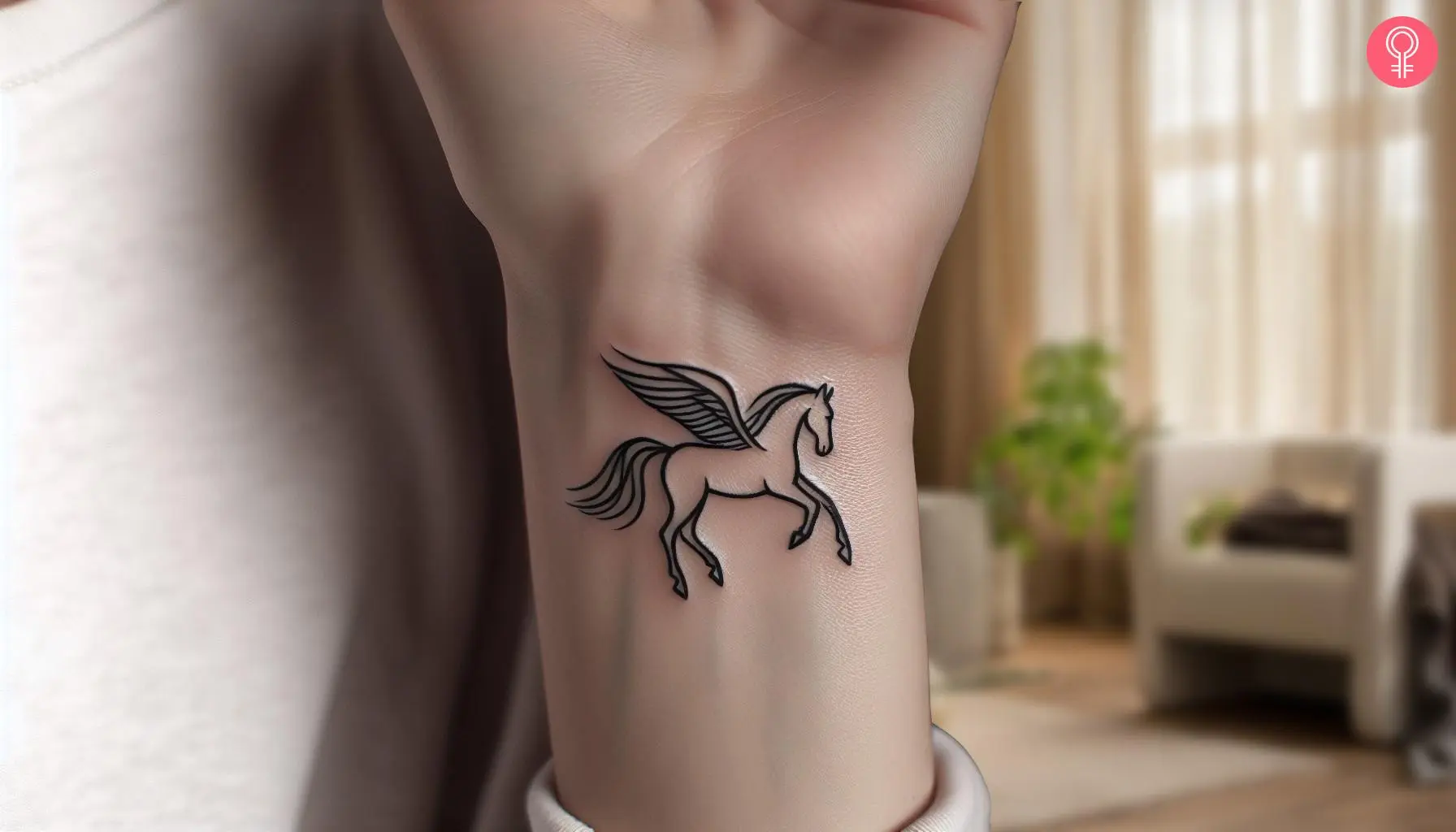 A black ink Pegasus tattoo on the wrist