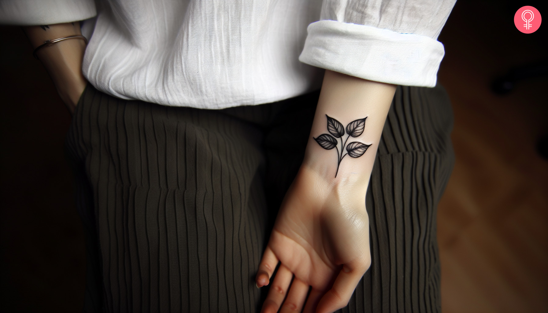 A minimalist tattoo of Pothos leaves on the wrist