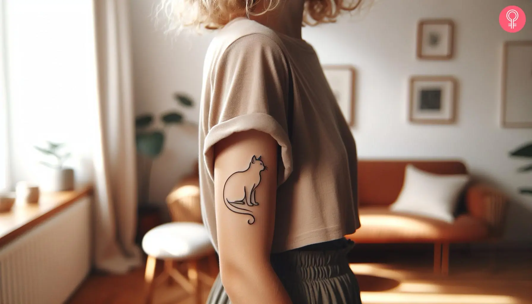 A woman with a minimalist black Siamese cat tattoo in side profile above elbow