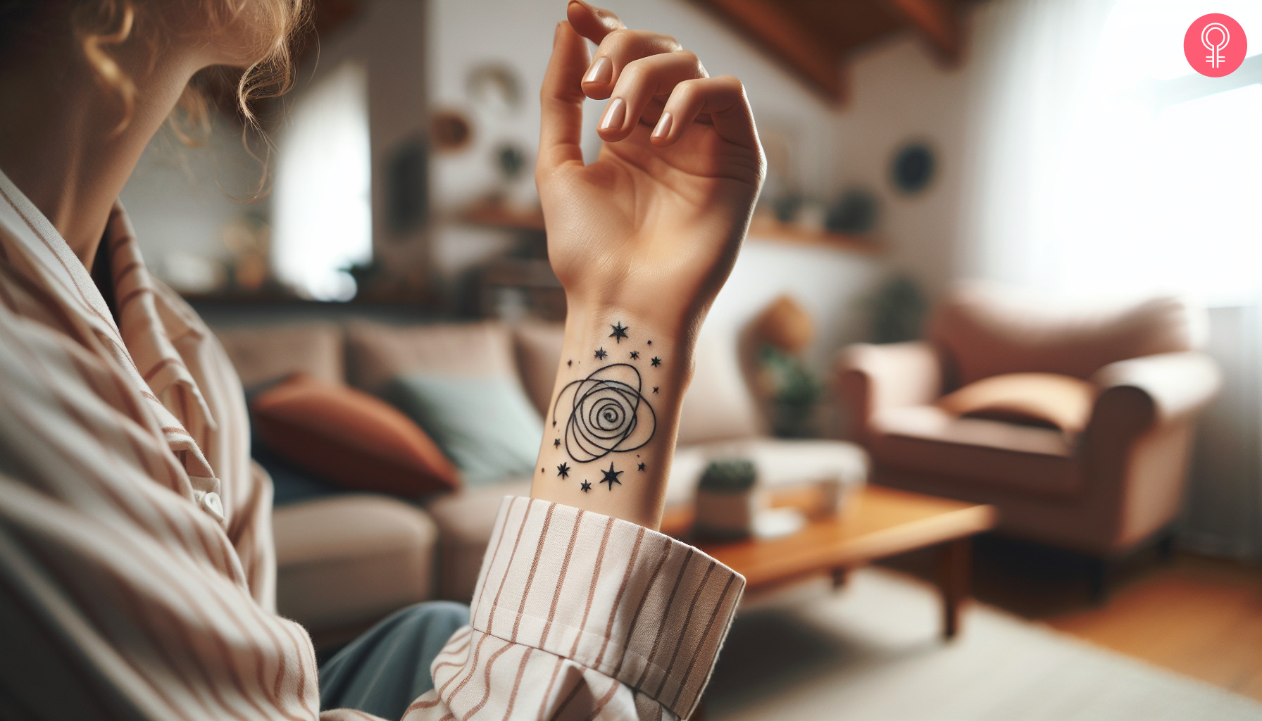 A woman with a minimalist universe tattoo on the wrist