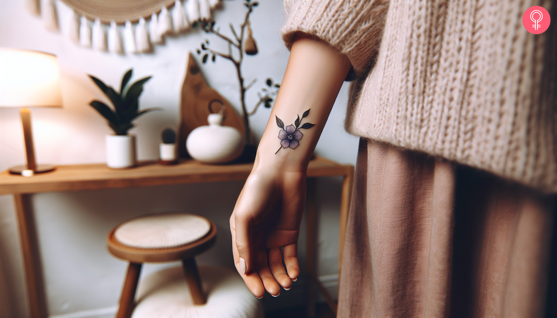 A woman wearing a ‘minimalist violet flower’ tattoo on the lower arm.