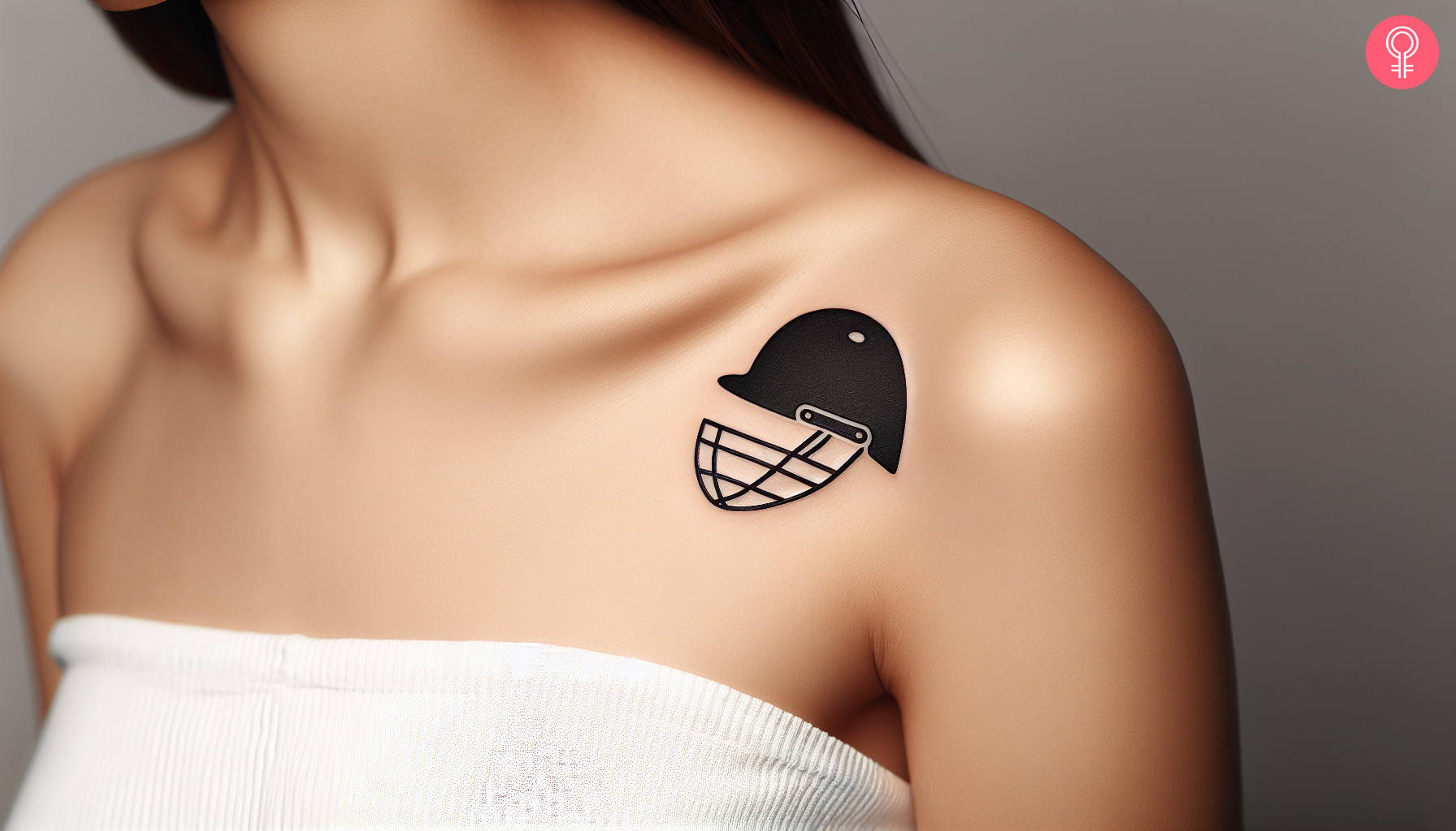 Minimalist cricket helmet tattoo on the front shoulder