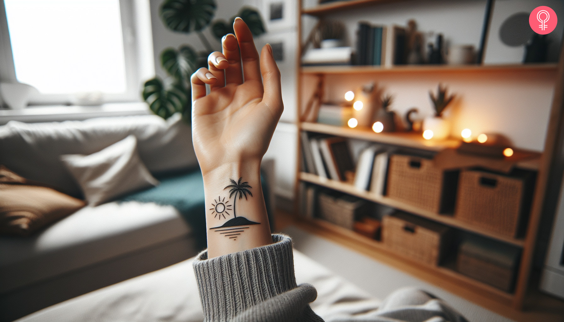 Minimalist island tattoo on a woman’s wrist