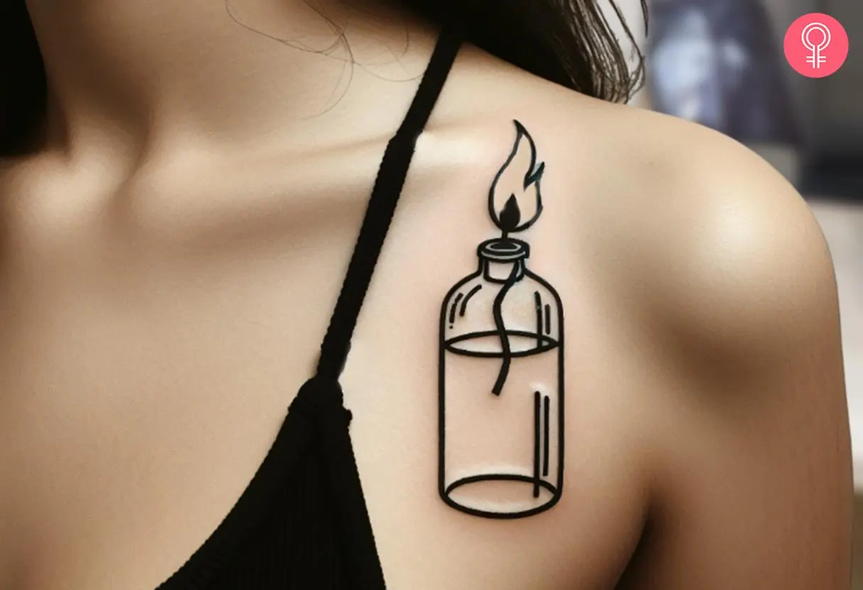 Molotov cocktail flash tattoo on the front shoulder