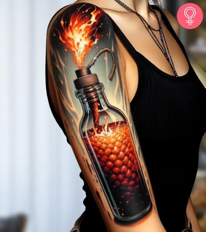 Molotov cocktail tattoo on the upper arm