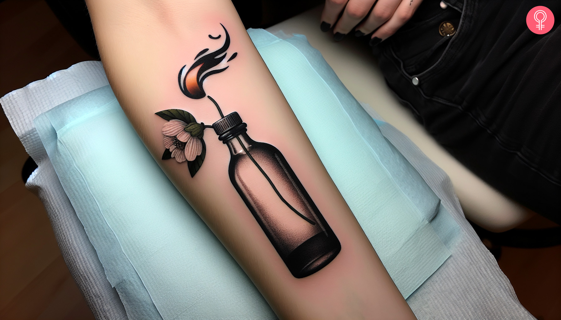 Molotov cocktail tattoo with a flower on the forearm