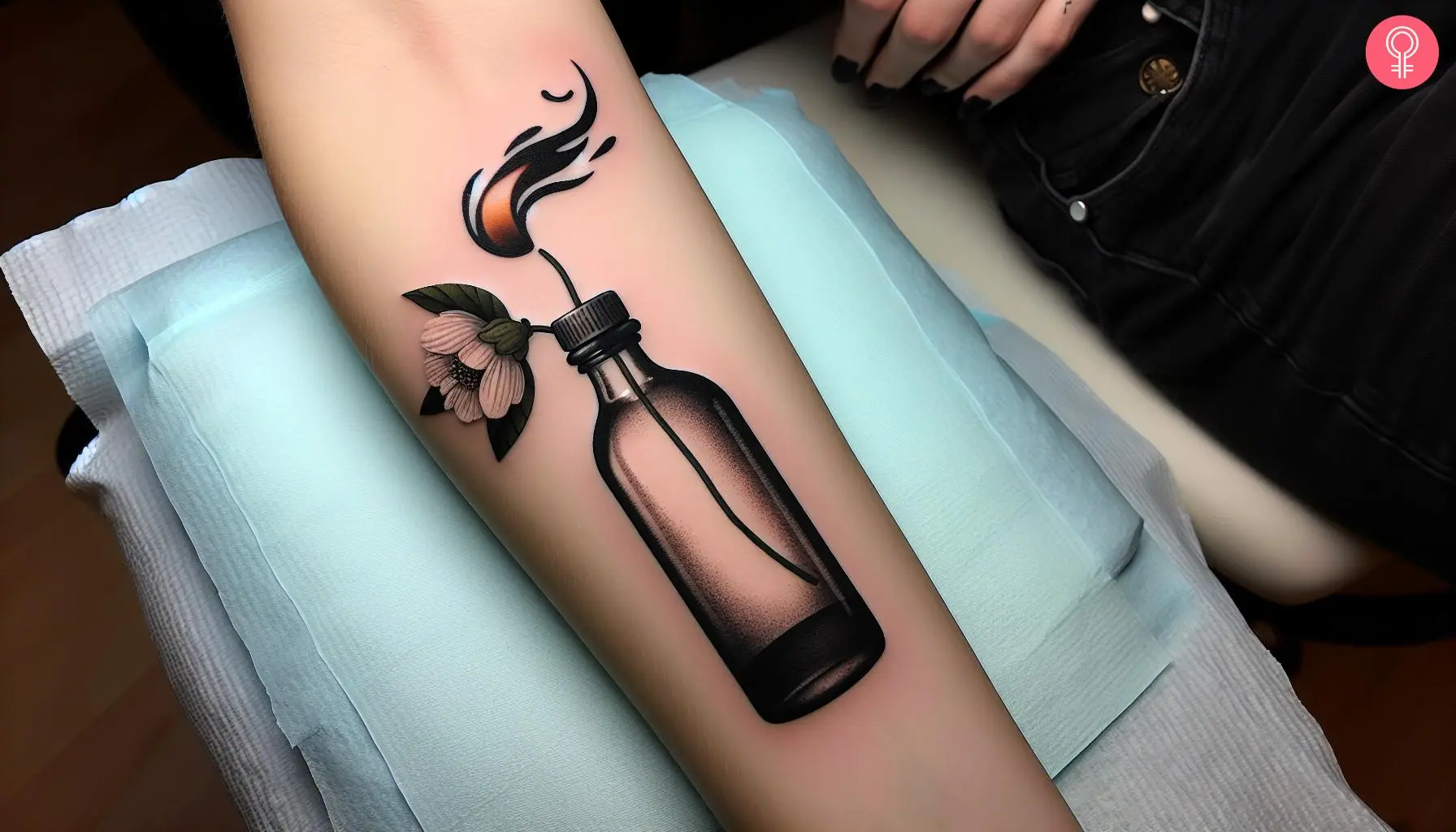 Molotov cocktail tattoo with a flower on the forearm