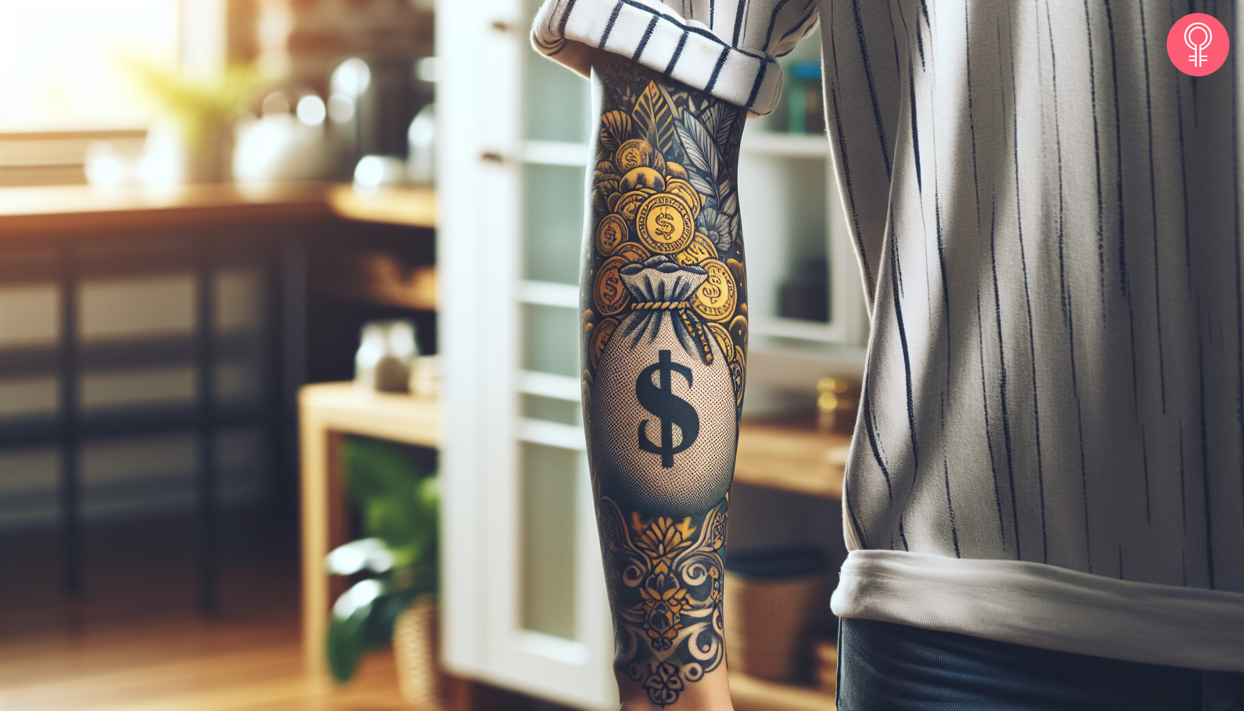 Money bag and coins tattoo on the sleeve