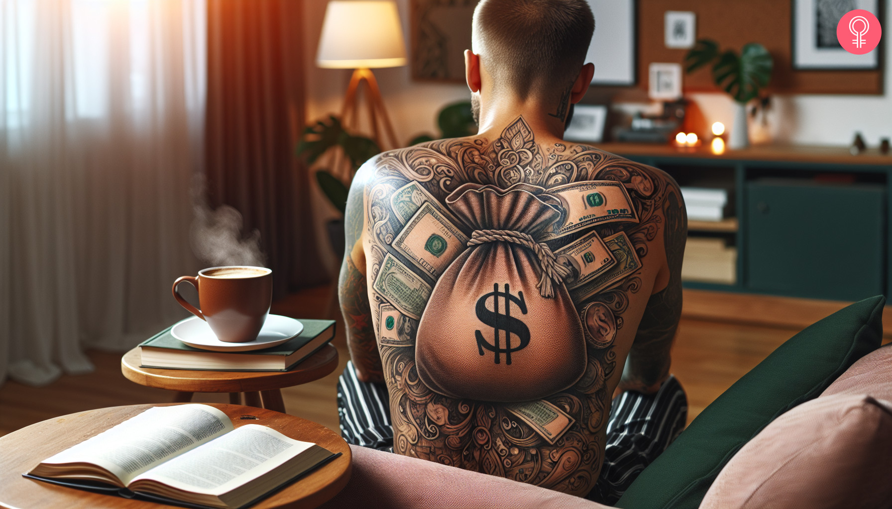 Money bag and notes tattoo on the back