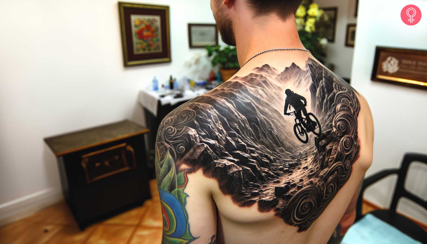 Man with a black and gray mountain bike tattoo with a rider on the back