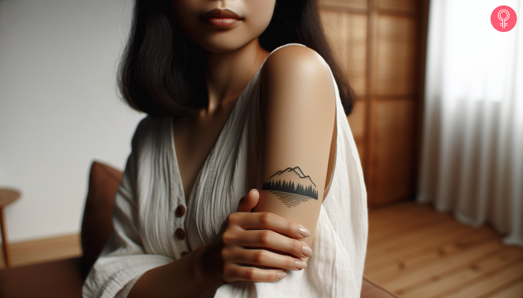 Mountain lake tattoo on a woman’s upper arm