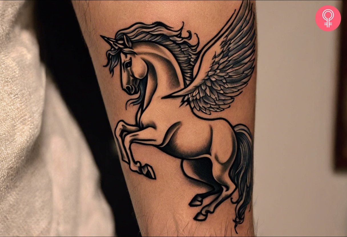 A black ink Pegasus tattoo on the forearm.