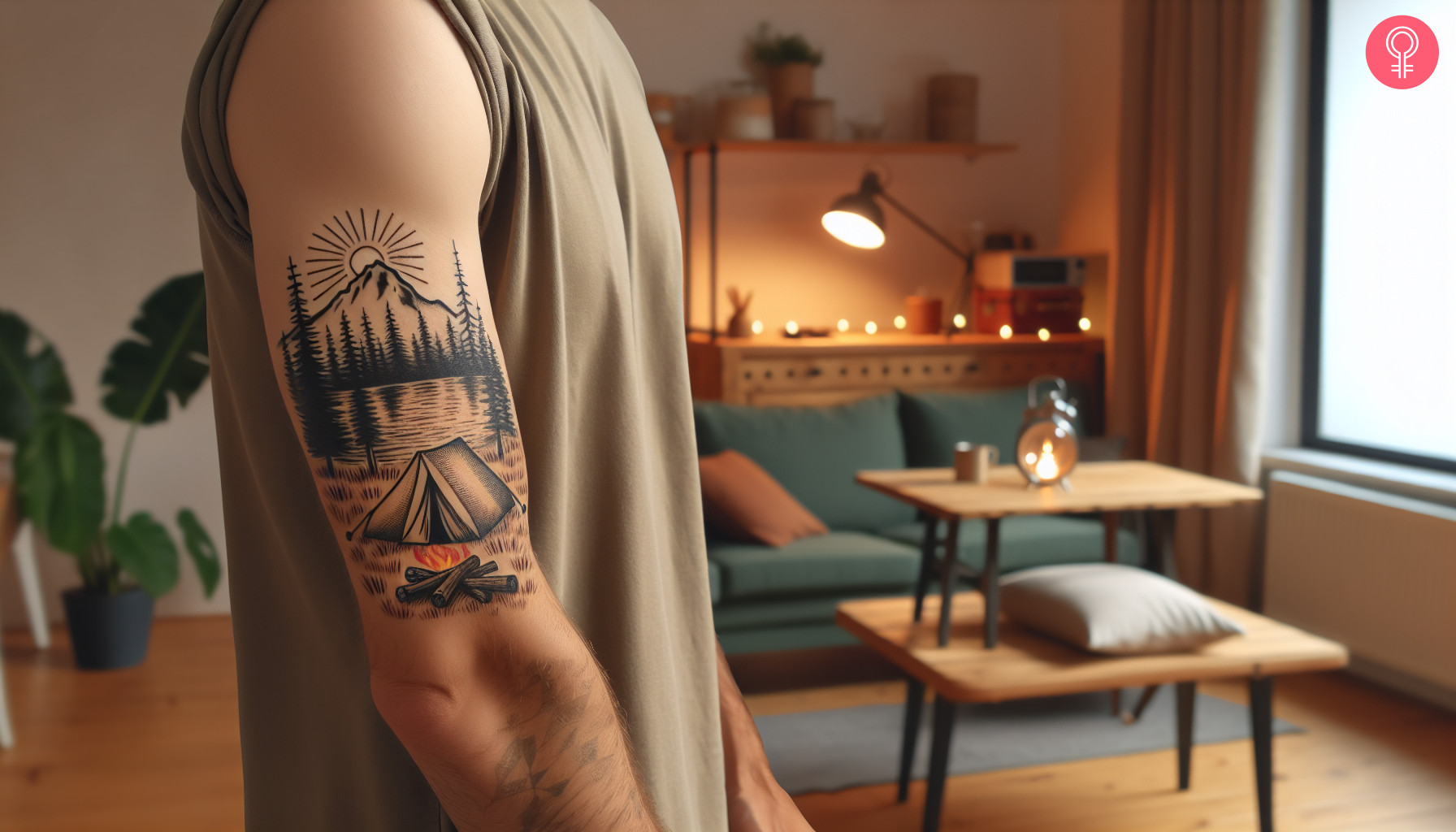 Nature camping tattoo on the upper arm