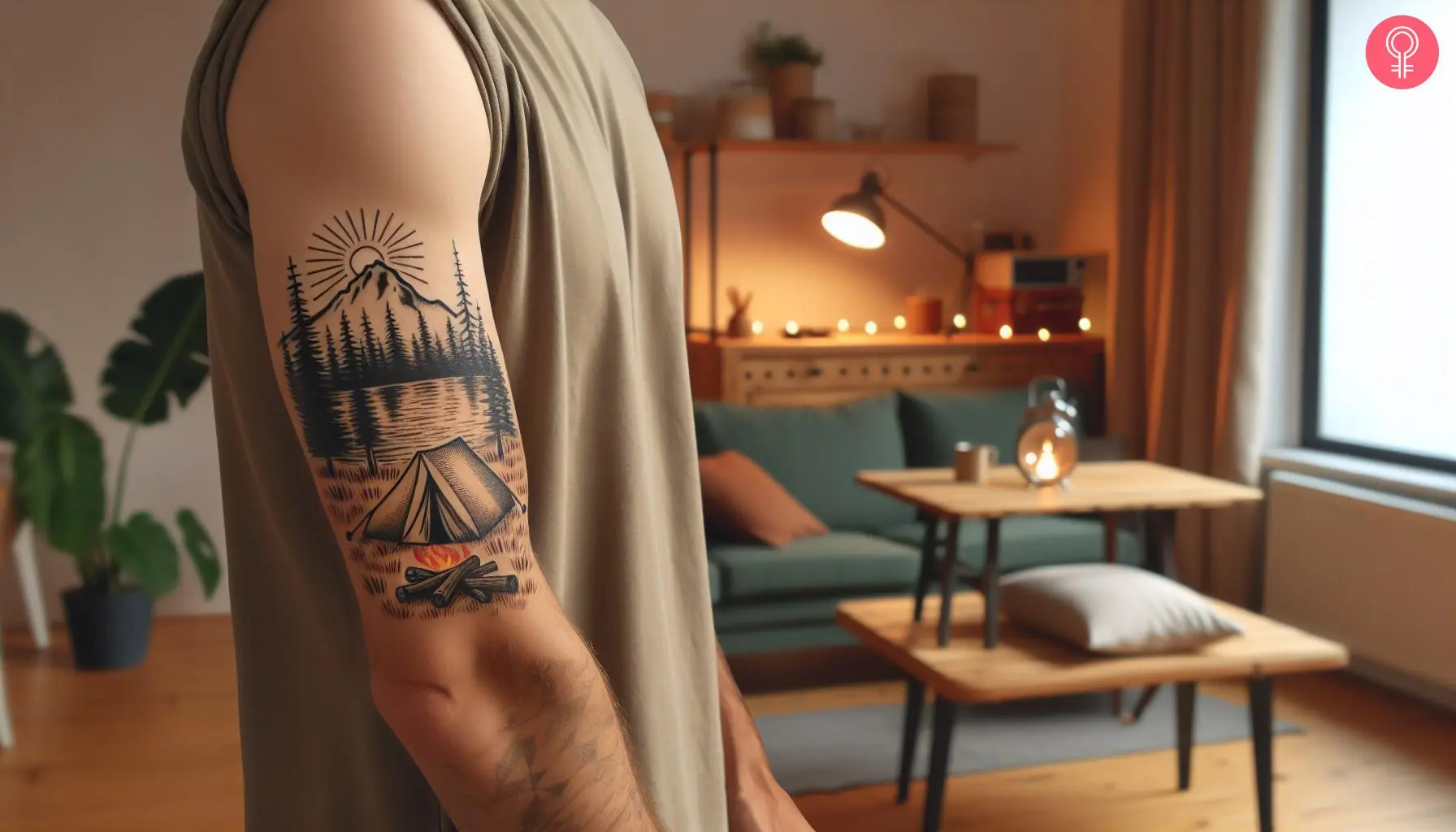 Nature camping tattoo on the upper arm