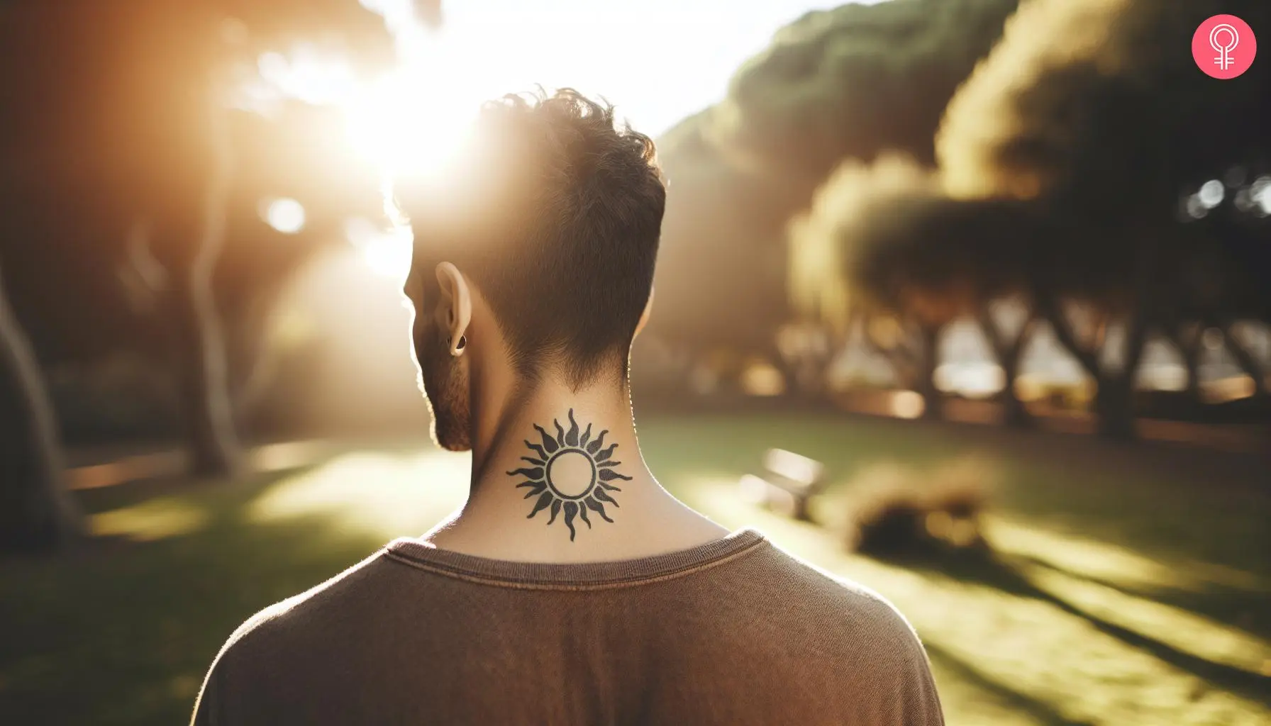 A man with a minimalist tribal sun tattoo with bold lines on the back of the neck