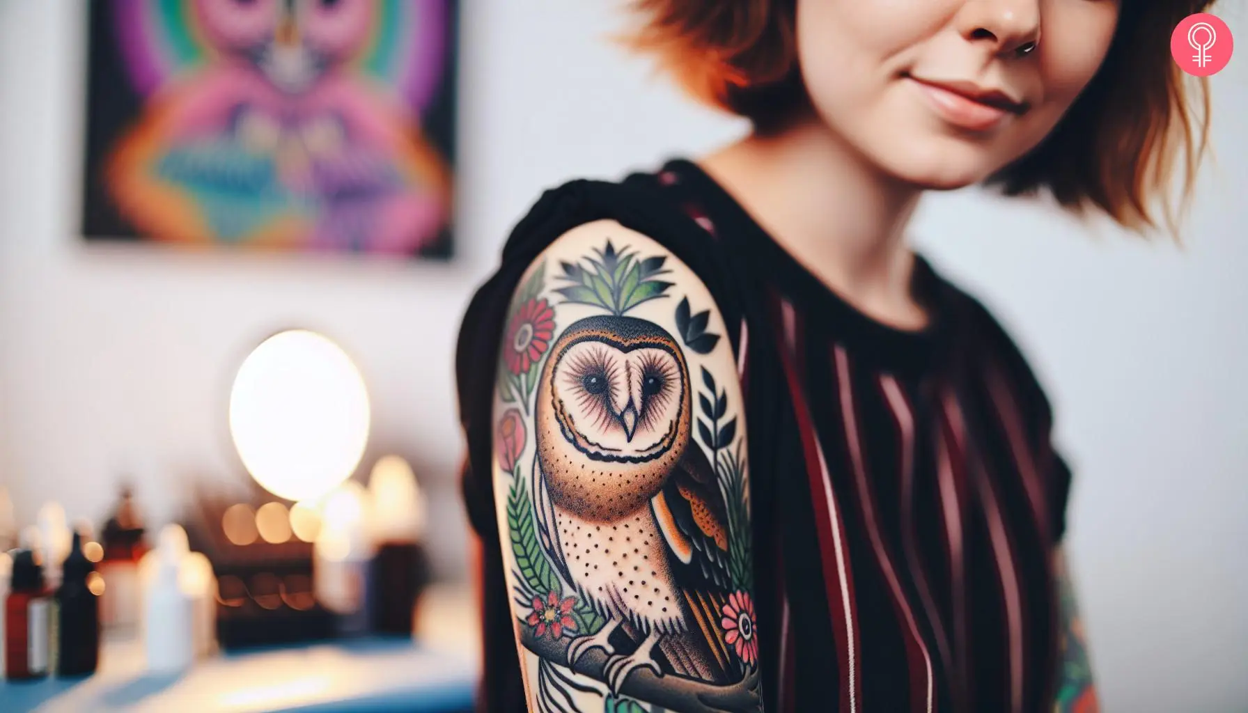 A woman with a colored neo-traditional barn owl tattoo on her upper arm