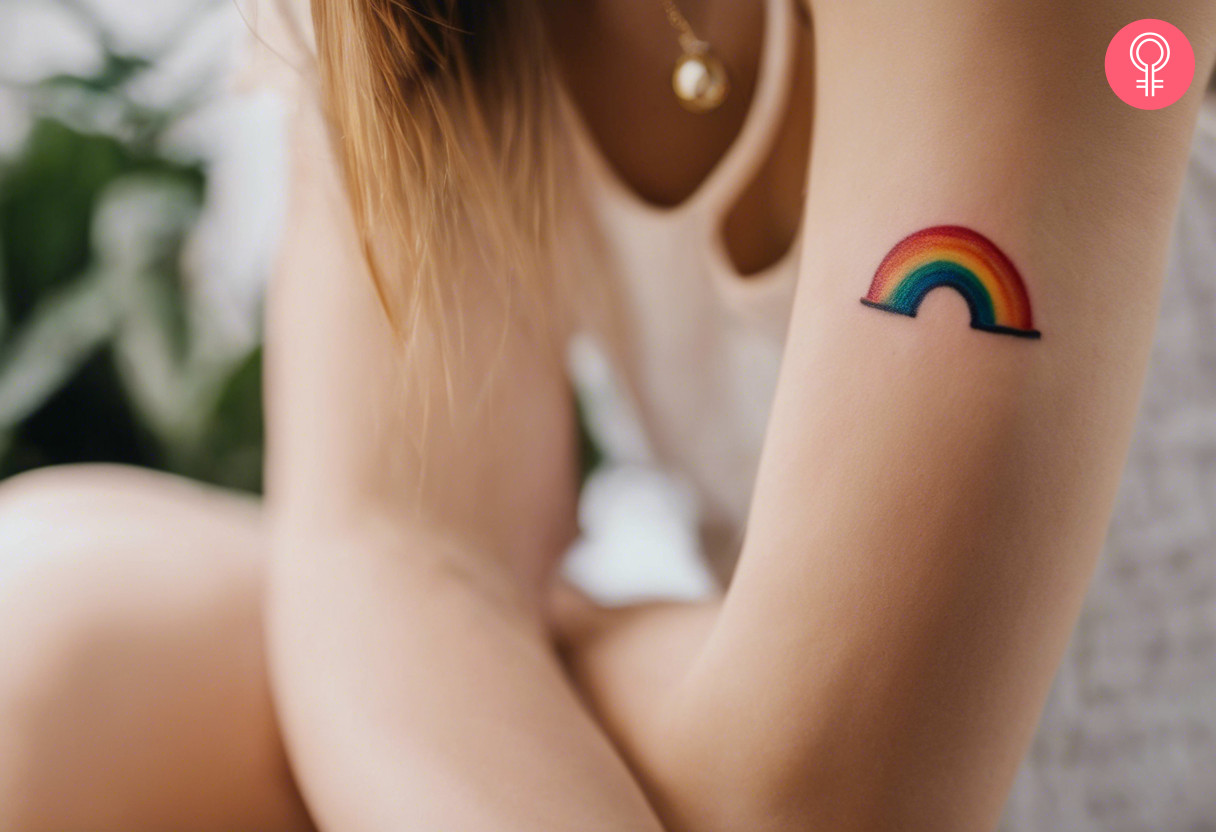 A woman with a small rainbow tattoo on her bicep