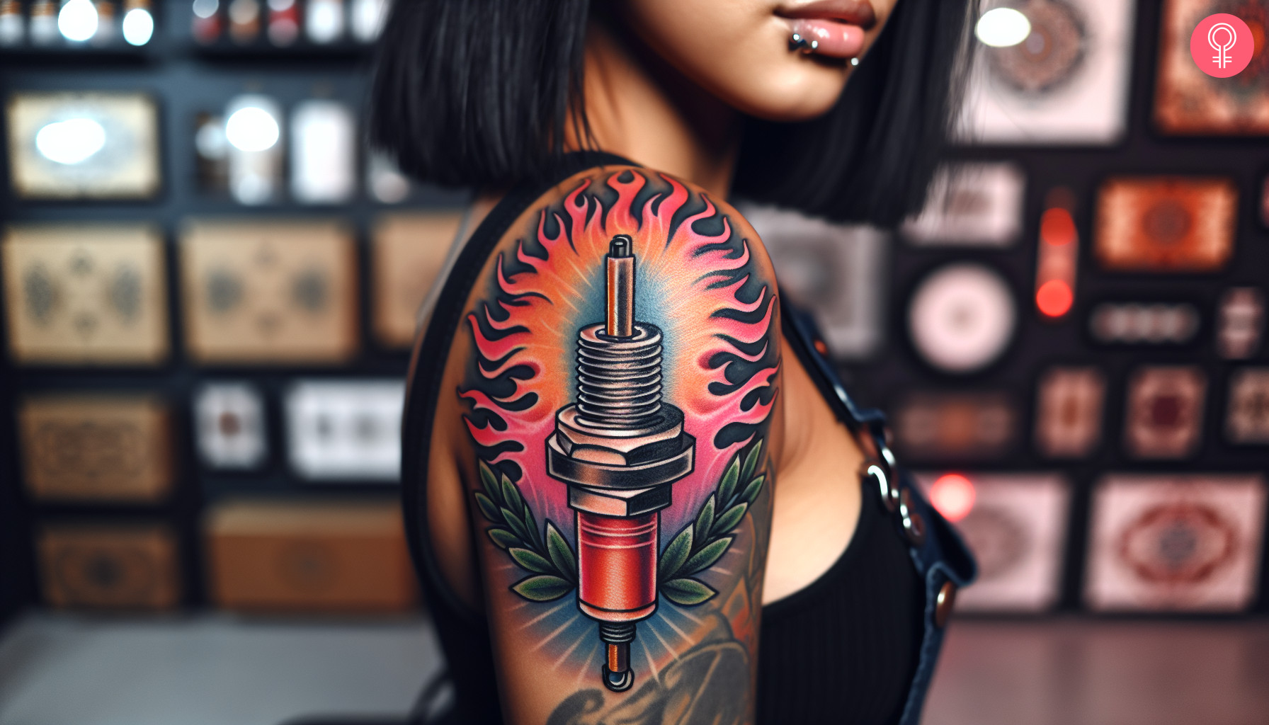 A woman with a colored new school style spark plug tattoo on her upper arm