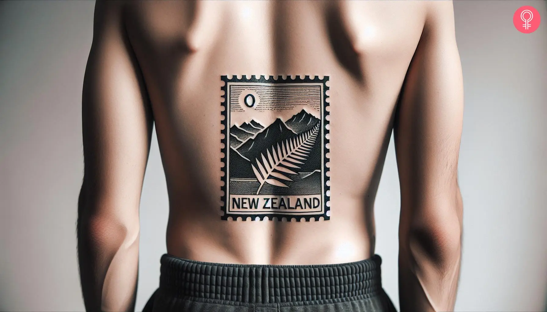 A man wearing a New Zealand postage stamp tattoo on his lower back