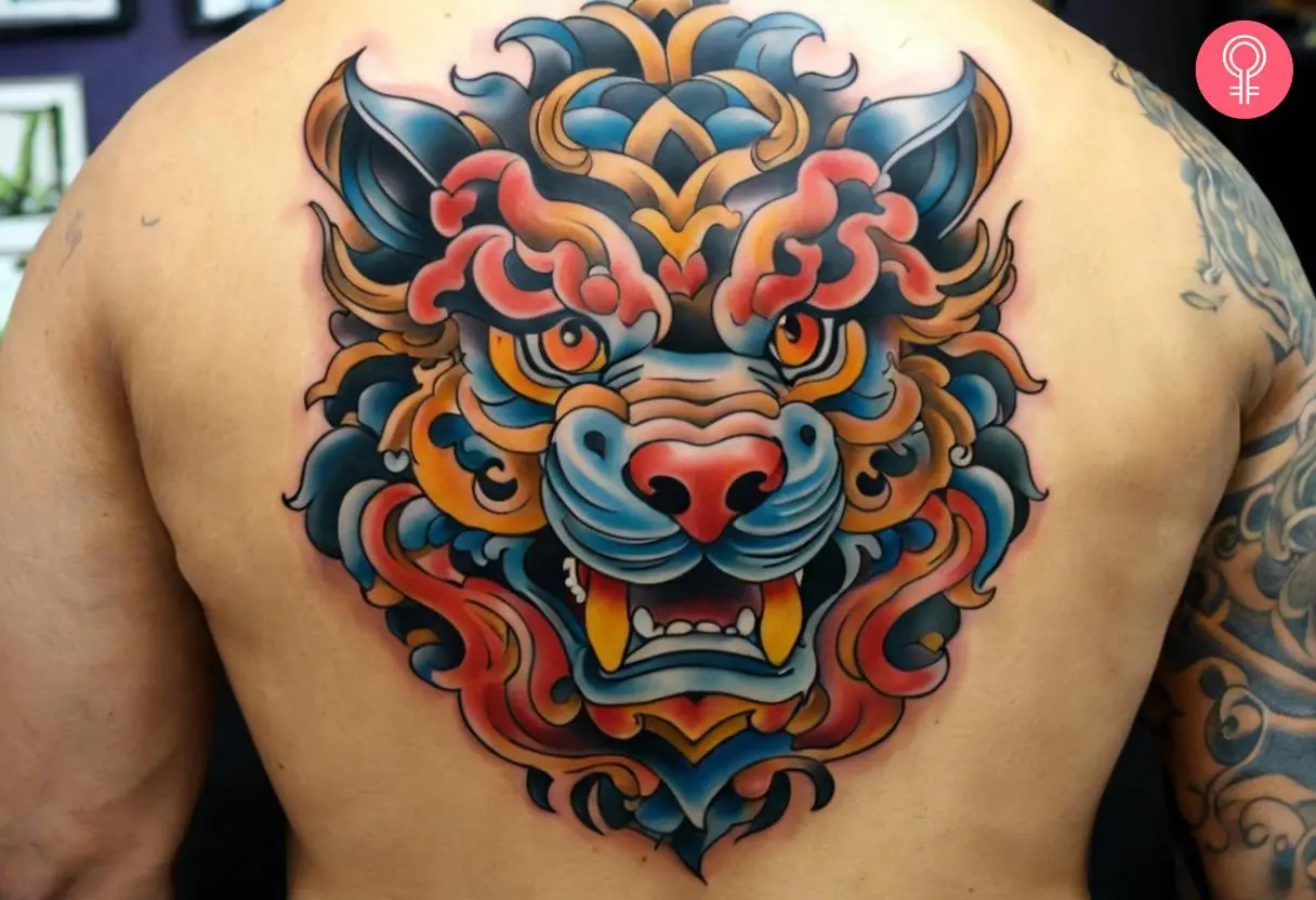 New school foo dog tattoo on the back