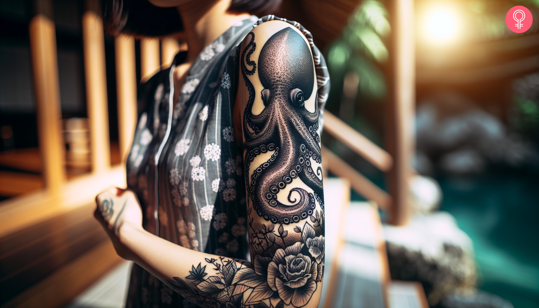 Woman with a large octopus arm tattoo with floral elements