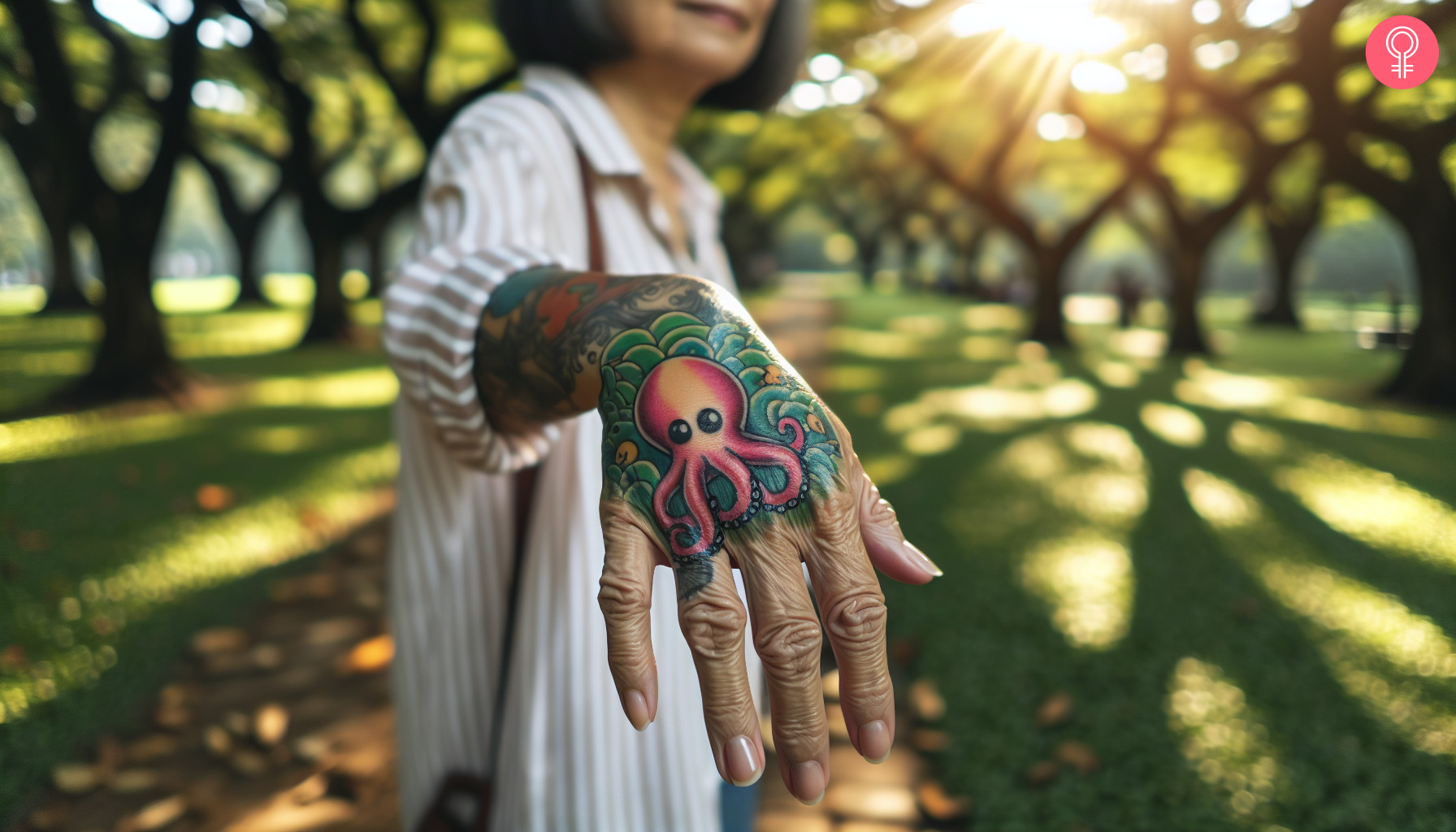 Woman with a cartoon-style octopus hand tattoo and a colorful ocean background