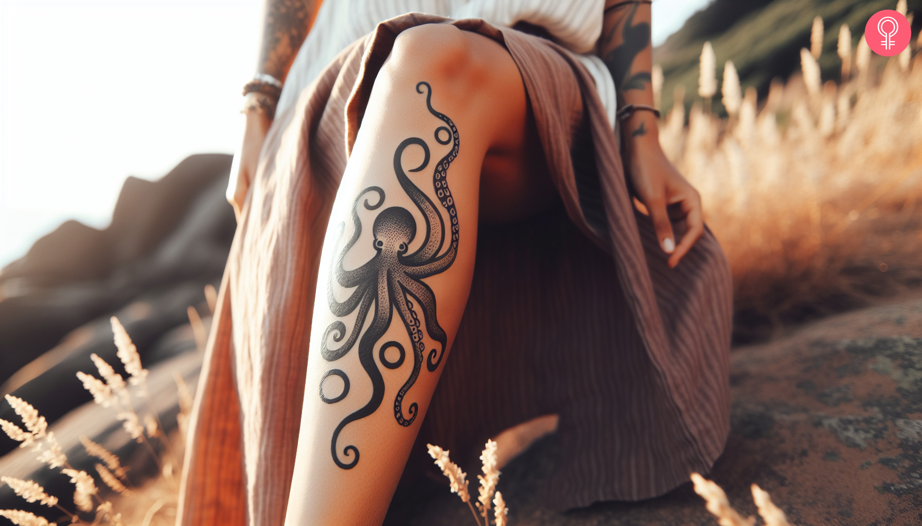 woman with a long black octopus leg tattoo