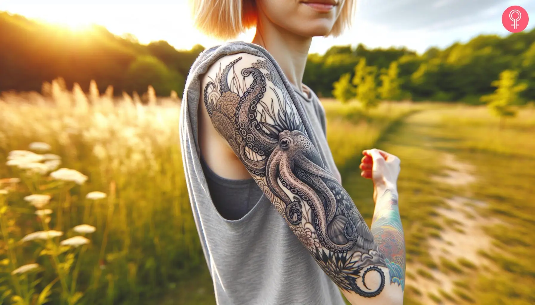 Woman with an upper arm sleeve featuring a long octopus design