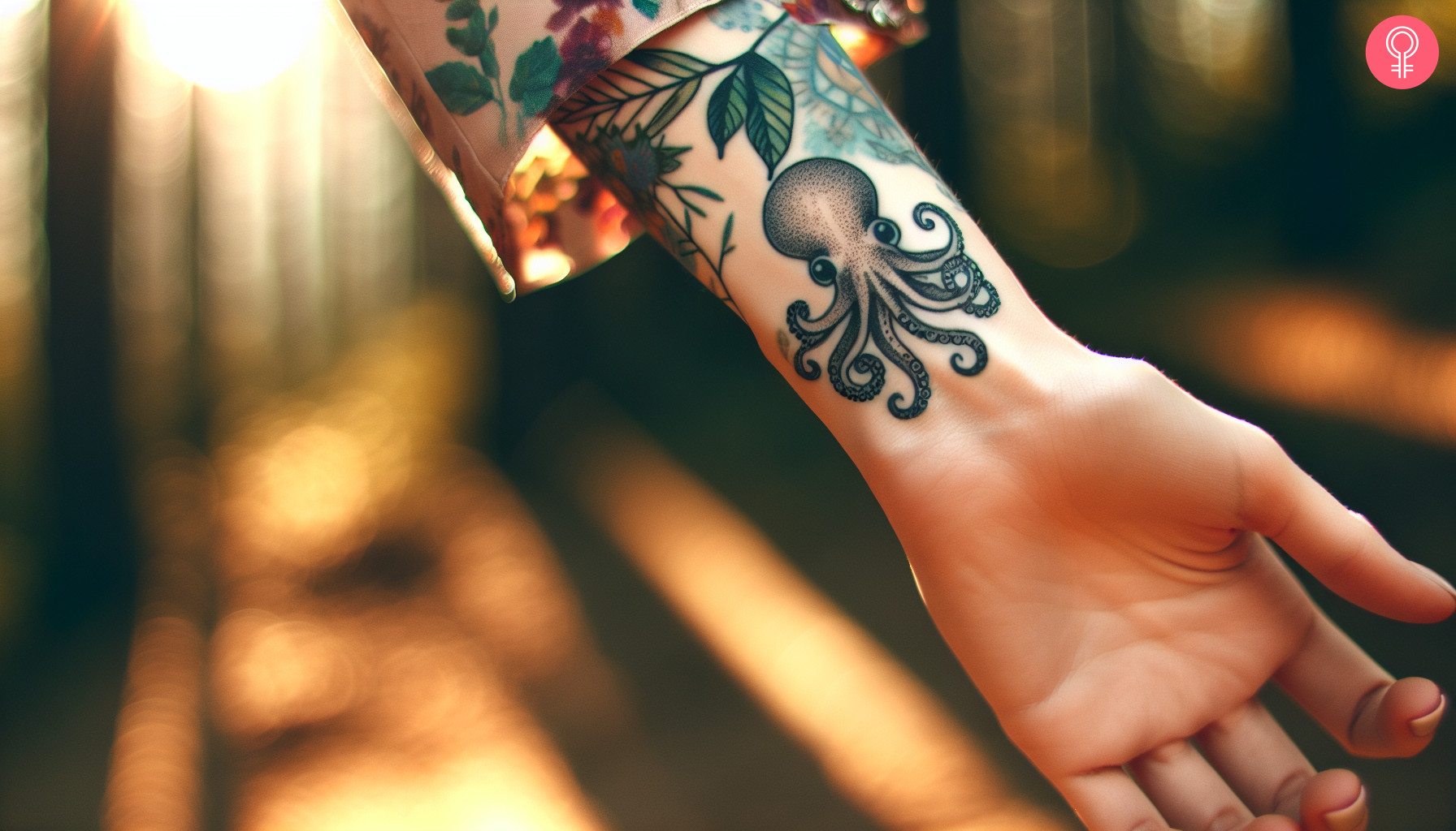 Woman with a minimalist wrist tattoo featuring a tiny black octopus