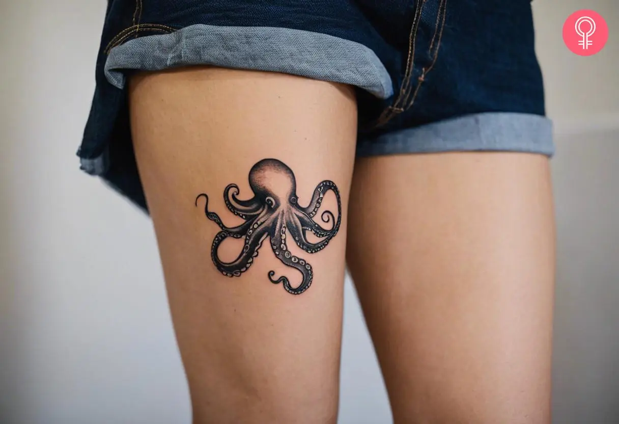 Woman with a highly illustrative octopus thigh tattoo