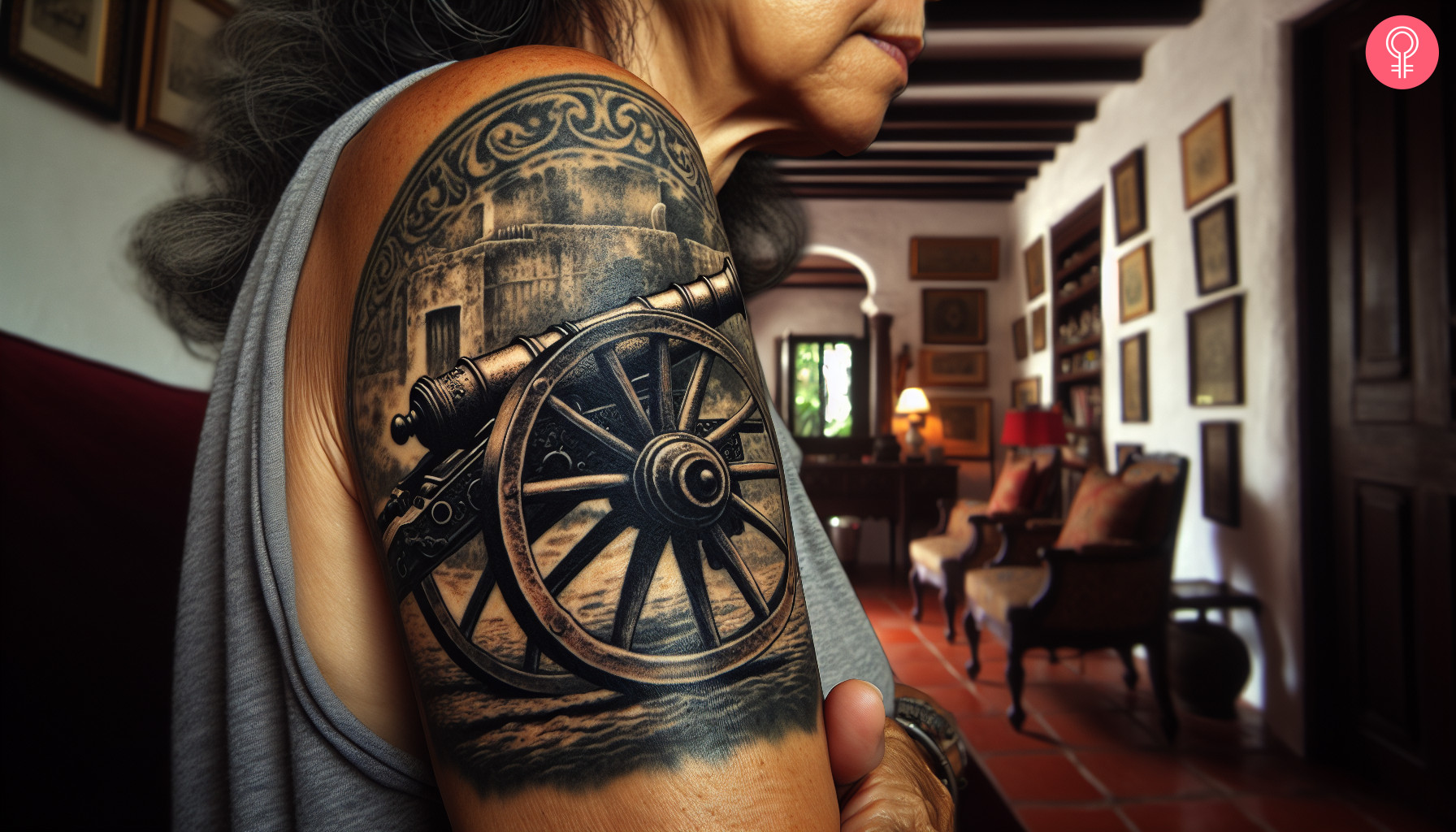 A woman with a black, old-school style cannon tattoo on her upper arm