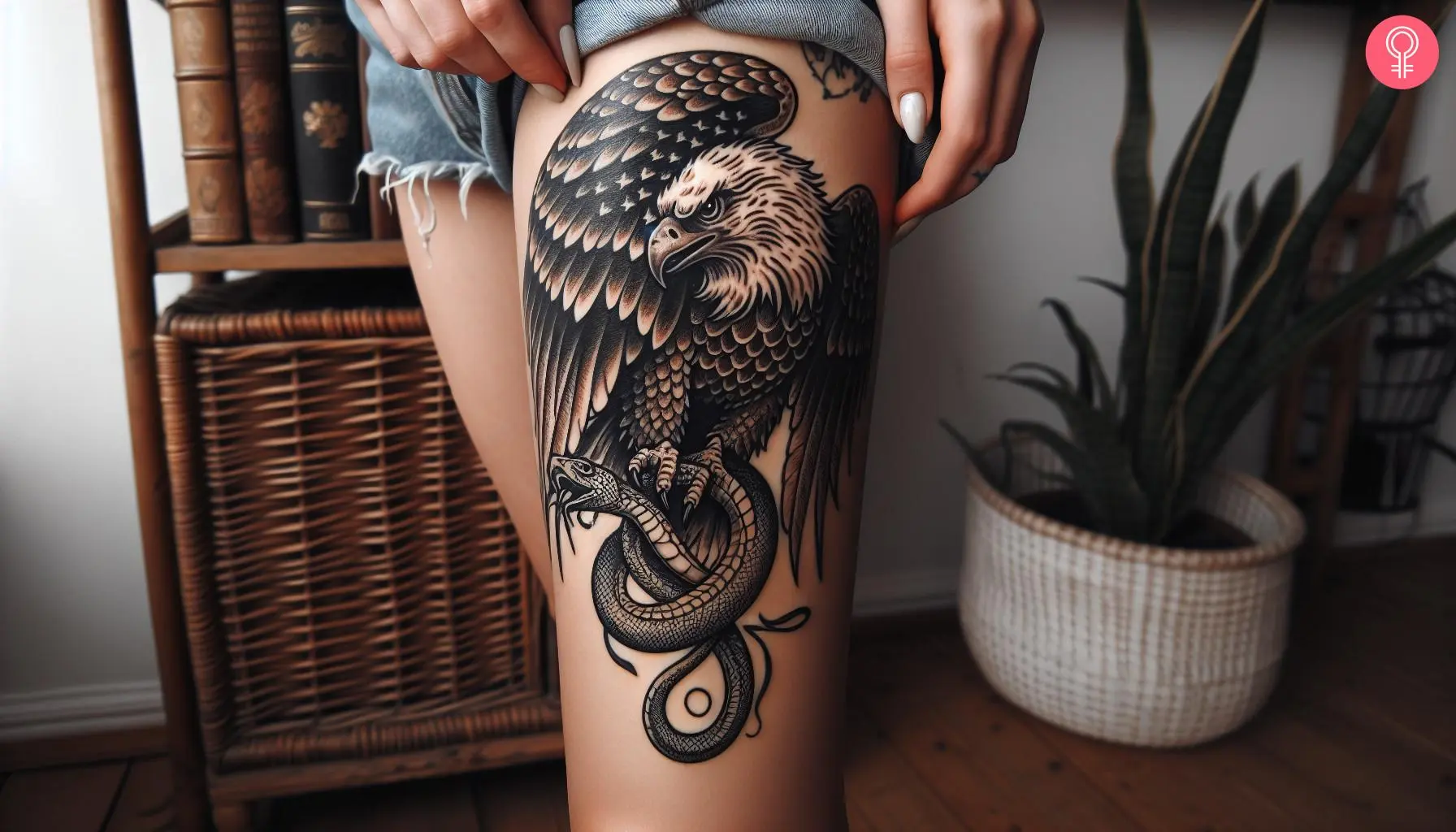 A woman with an old-school eagle and snake tattoo on her thigh