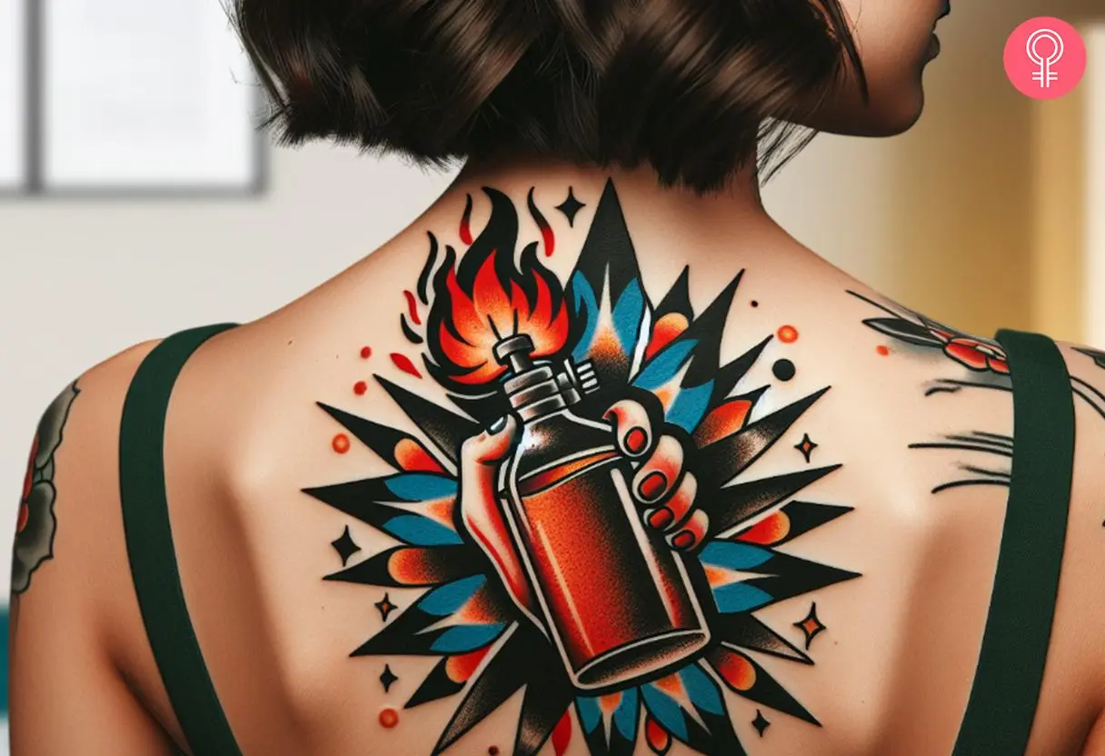 Old school Molotov cocktail tattoo on the back shoulder