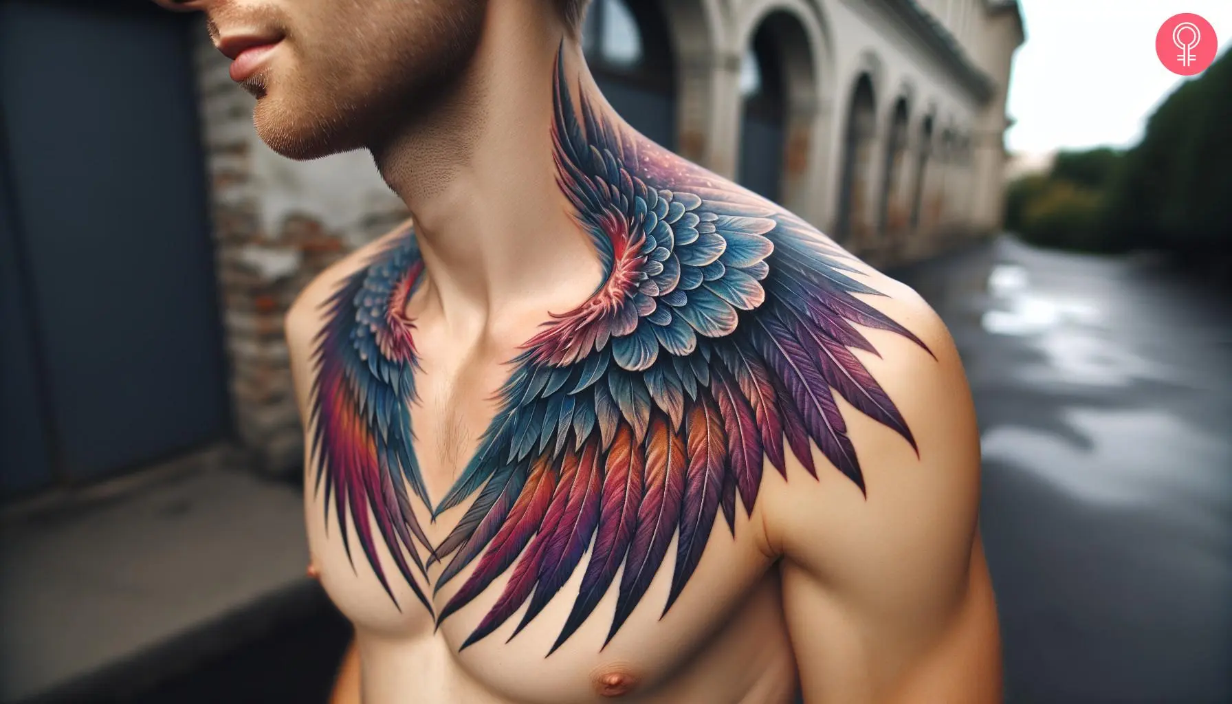 Ombre colored angel wings tattoo on the chest