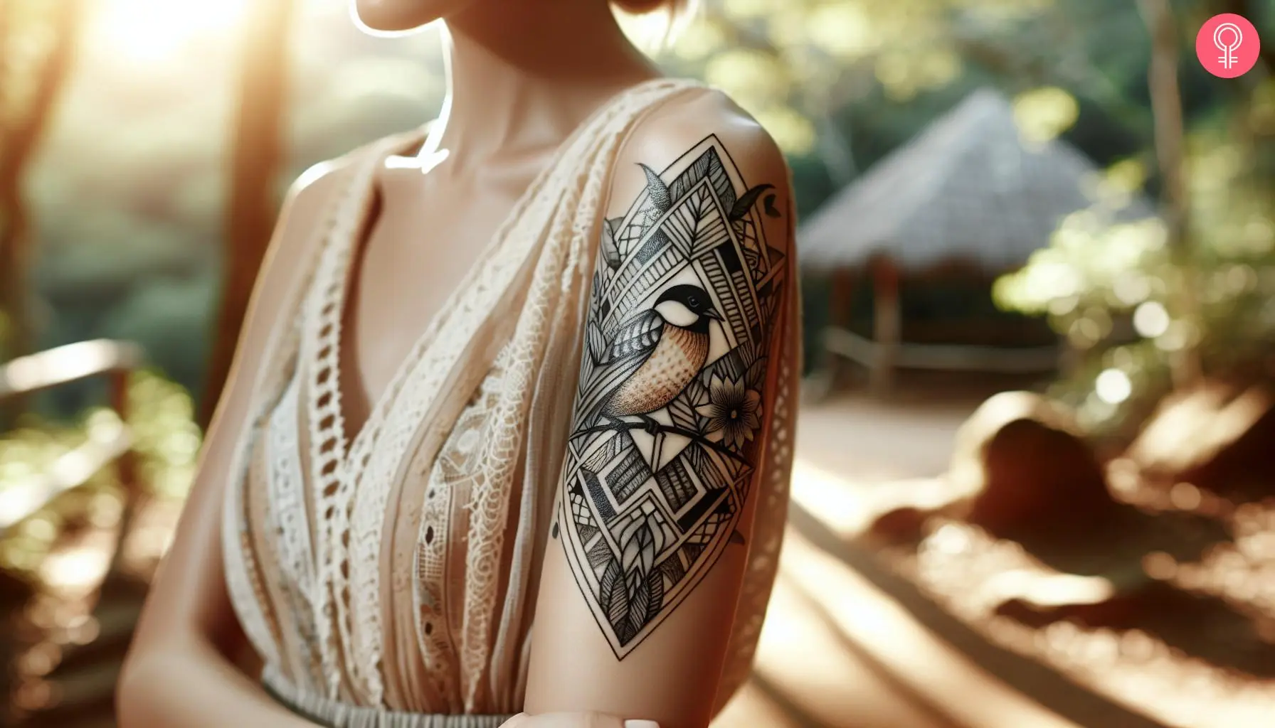 Oriole bird tattoo sleeve with geometric and tribal patterns on the arm of a woman