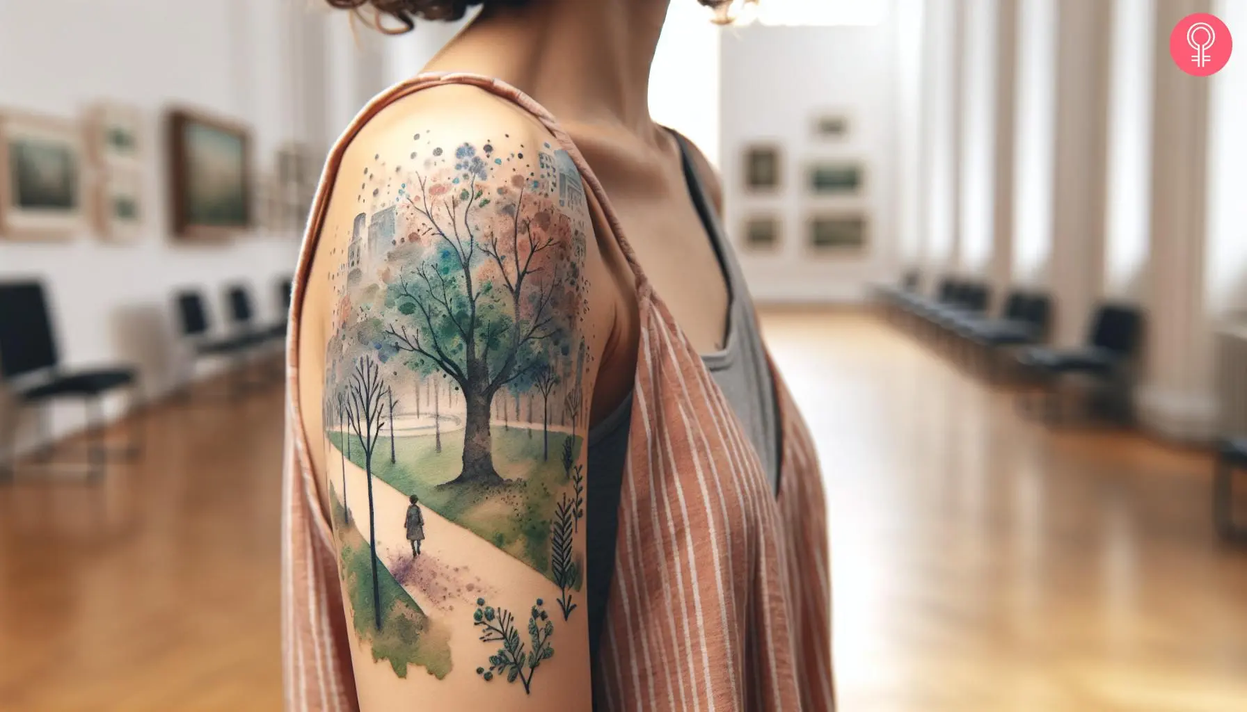 A woman with a watercolor-style outdoor park scenery tattoo on her upper arm