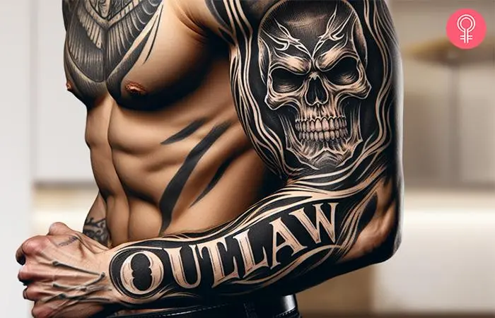 An outlaw text tattoo with a skull on the sleeve